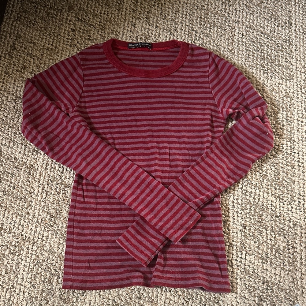 Red and Gray Striped Long Sleeve Shirt
